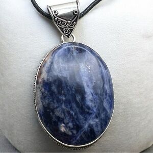New Large Blue Sodalite Stone Silver Overlay Vintage Style Pendant Necklace